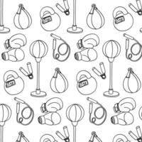 contour pattern of boxing accessories for training. Boxing gloves, kettlebell, pear, jump rope, expander. Texture of sporting goods in black and white colors. Contoured seamless texture. Contrasting vector