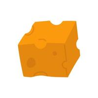 A square piece of flat yellow cheese with holes stands sideways. illustration of a porous cube of a dairy product in a flat style. An isolated product on a white background. Flat style vector