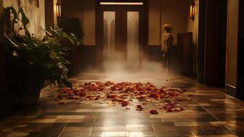 Hotel entrance with autumn leaves scattered across the floor, a fog machine creating a misty atmosphere, and a scarecrow standing near the door photo