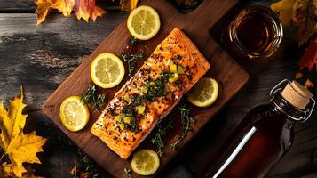 An overhead shot of fresh Atlantic salmon fillets topped with herbs and lemon slices on a wooden cutting board surrounded by maple leaves and a bottle of maple syrup photo