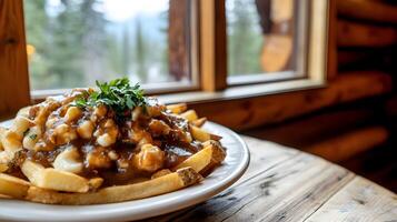A plate of poutine with thick-cut fries, cheese curds, and gravy, garnished with fresh parsley and placed on a wooden table near a cozy log cabin window photo