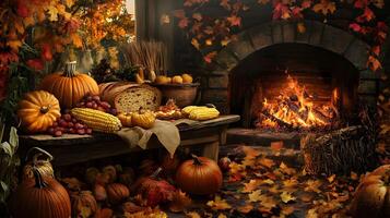 A vibrant harvest scene featuring pumpkins, squash, corn, and freshly baked bread on a rustic table, surrounded by autumn leaves and a cozy fireplace photo