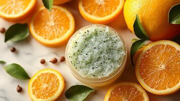 A gentle exfoliating scrub placed on a marble surface with fresh citrus slices and vibrant sunlight, reflecting the essence of refreshing renewal and glowing skin photo