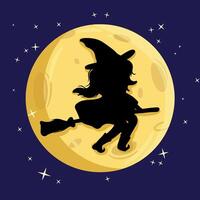 illustration art witch flying on a broomstick on the background of the moon vector