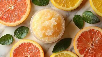 A gentle exfoliating scrub placed on a marble surface with fresh citrus slices and vibrant sunlight, reflecting the essence of refreshing renewal and glowing skin photo