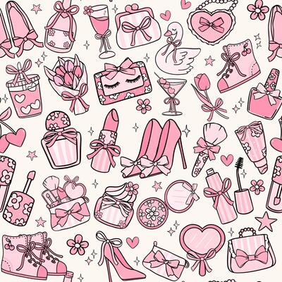 Retro Pink Girly Things Preppy Coquette stuff Aesthetic Playful seamless pattern isolated on background