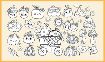 Groovy Retro Autumn Pumpkin Coloring Image Page Clipart Set with Fall Vibe Doodle Outline Elements vector