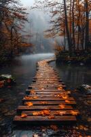 A rustic wooden bridge crossing a calm river in the middle of a dense autumn forest, golden leaves floating on the water, mist rising from the cool air photo