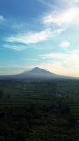 4k aerial footage of Mount Merapi at a distance of about 12 miles. Panoramic portrait of an active volcano from a distance after sunrise with rice fields and settlements in the foreground video