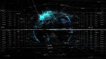 Digital data network in a server room of a data center. Global 5g high speed internet connection and Big data analysis process background concept. 3d rendering video