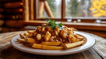 A plate of poutine with thick-cut fries, cheese curds, and gravy, garnished with fresh parsley and placed on a wooden table near a cozy log cabin window photo