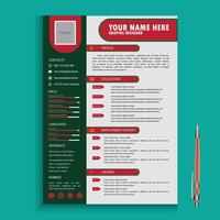 A modern resume template with a red and green background vector