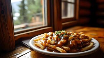 A plate of poutine with thick-cut fries, cheese curds, and gravy, garnished with fresh parsley and placed on a wooden table near a cozy log cabin window photo