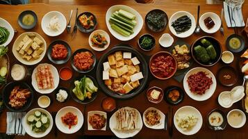 A traditional Korean dining table spread with various small dishes of banchan, including kimchi, pickled vegetables, seaweed, and tofu, perfectly arranged in a harmonious display photo
