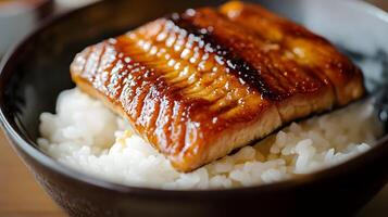 A close-up of a beautifully grilled slice of unagi glazed in sweet soy sauce, placed elegantly over a bed of white rice in a traditional ceramic bowl photo