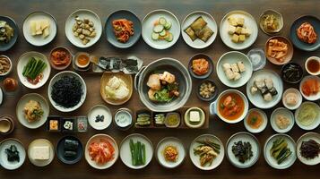 A traditional Korean dining table spread with various small dishes of banchan, including kimchi, pickled vegetables, seaweed, and tofu, perfectly arranged in a harmonious display photo