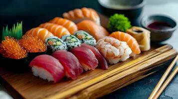 A vibrant sushi platter with an array of colorful nigiri and sashimi placed on a traditional wooden board with chopsticks beside, capturing the shine of fresh fish and delicate garnishes photo