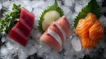 An artistic presentation of sashimi on ice, with slices of tuna, salmon, and yellowtail laid out alongside shiso leaves and finely sliced daikon radish photo