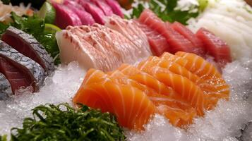 An artistic presentation of sashimi on ice, with slices of tuna, salmon, and yellowtail laid out alongside shiso leaves and finely sliced daikon radish photo