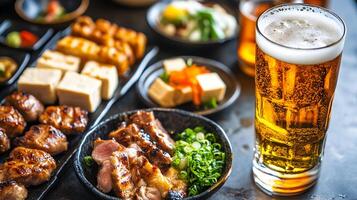 A high-angle shot of a Japanese izakaya table filled with small dishes of grilled meats, tofu, pickles, and a glass of cold beer in the corner of the frame photo