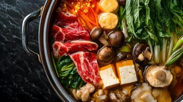 A detailed shot of a Japanese hotpot filled with vegetables, mushrooms, tofu, and thin slices of beef, with the broth gently simmering photo