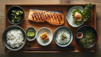 A quiet morning scene with a simple Japanese breakfast of grilled fish, miso soup, rice, and pickles, arranged neatly on a wooden tray with chopsticks photo
