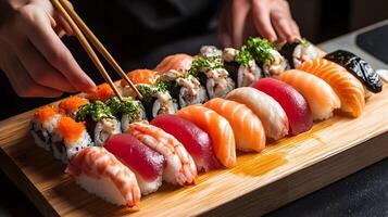 A vibrant sushi platter with an array of colorful nigiri and sashimi placed on a traditional wooden board with chopsticks beside, capturing the shine of fresh fish and delicate garnishes photo