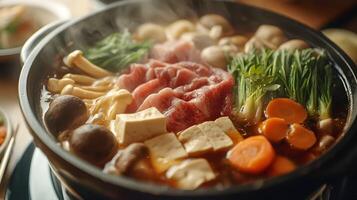 A detailed shot of a Japanese hotpot filled with vegetables, mushrooms, tofu, and thin slices of beef, with the broth gently simmering photo