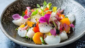 A bright and fresh salad featuring seasonal Japanese vegetables such as lotus root, daikon, and seaweed, with a light soy-based dressing photo