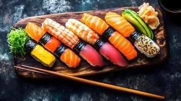 A vibrant sushi platter with an array of colorful nigiri and sashimi placed on a traditional wooden board with chopsticks beside, capturing the shine of fresh fish and delicate garnishes photo