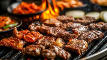 Close-up of sizzling Korean BBQ on a grill, with juicy pieces of beef, pork, and chicken, surrounded by side dishes like kimchi and pickled radish photo
