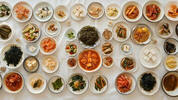 A traditional Korean dining table spread with various small dishes of banchan, including kimchi, pickled vegetables, seaweed, and tofu, perfectly arranged in a harmonious display photo