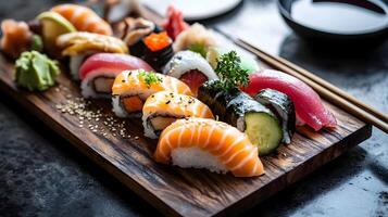 A vibrant sushi platter with an array of colorful nigiri and sashimi placed on a traditional wooden board with chopsticks beside, capturing the shine of fresh fish and delicate garnishes photo