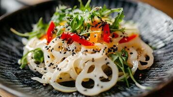 A bright and fresh salad featuring seasonal Japanese vegetables such as lotus root, daikon, and seaweed, with a light soy-based dressing photo
