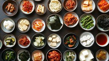 A traditional Korean dining table spread with various small dishes of banchan, including kimchi, pickled vegetables, seaweed, and tofu, perfectly arranged in a harmonious display photo