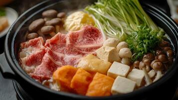 A detailed shot of a Japanese hotpot filled with vegetables, mushrooms, tofu, and thin slices of beef, with the broth gently simmering photo