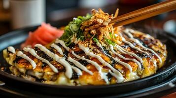 A sizzling plate of okonomiyaki topped with drizzled mayonnaise, bonito flakes, and nori, with chopsticks reaching in to take a bite photo