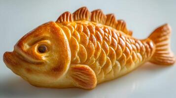 A close-up of a taiyaki fish-shaped pastry filled with sweet red bean paste, with the golden crisp texture highlighted against a clean, soft background photo