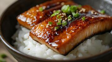 A close-up of a beautifully grilled slice of unagi glazed in sweet soy sauce, placed elegantly over a bed of white rice in a traditional ceramic bowl photo