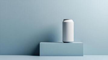 Monochrome tin can mockup with clean, sleek branding, positioned against a gradient background, tin can mockup, contemporary design concept photo