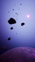 un grande racimo de asteroides cerca un desconocido planeta, vertical video