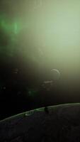 a large cluster of asteroids near an unknown planet, vertical video