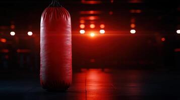 Red boxing bag illuminated by soft spotlight in a dark gym, focus on shadow and texture, symbolizing personal strength and inner power photo