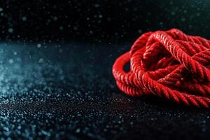Red jump ropes coiled on a textured gym floor, gritty and raw setting, conveying intensity and focus in fitness routines photo