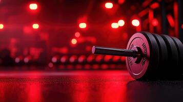 Highintensity workout scene with red gym equipment, including barbells, kettlebells, and resistance bands, intense training concept in a sleek fitness environment photo