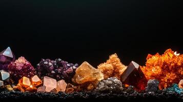 A collection of various minerals and gemstones displayed on a table photo