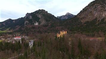 Schloss, Hohenschwangau and Neuschwanstein Fussen, Germany together aerial view. Two castles Schloss, Hohenschwangau and Neuschwanstein in one shot drone view. Two fairytale castles in Fuessen. video