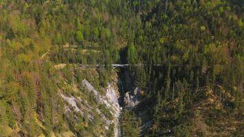 Luftaufnahme Schurpfen Wasserfall. Aerial view of crooked waterfall Schurpfen and bridge in gorge with forested mountain and canyon near Sylvensteinspeicher in Lenggries. Drone view falls and bridge. video