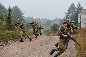 A disciplined and specialized military unit, donned in camouflage, strategically patrolling and maintaining control in a high-stakes environment, showcasing their precision, unity, and readiness for photo