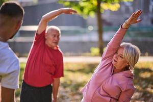 A group of seniors follows a trainer, engaging in outdoor exercises in the park, as they collectively strive to maintain vitality and well-being, embracing an active and health-conscious lifestyle in photo